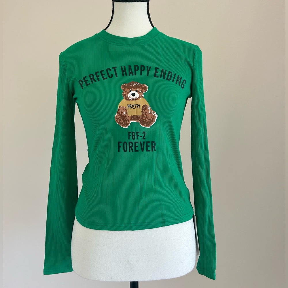 YK Cute Green Teddy Bear Graphic Long Sleeve Tee